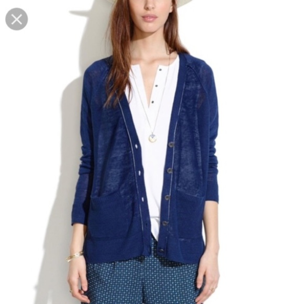 Madewell Navy Linen Sandstitch Cardigan